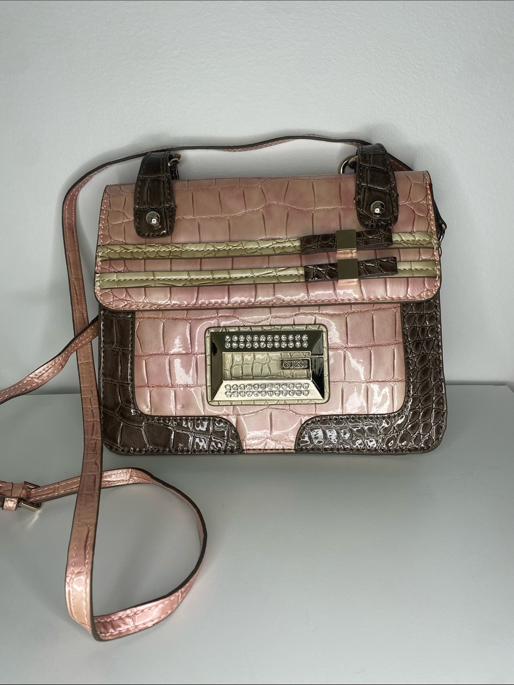 Guess Y2K Pink Brown Croc Rhinestone Satchel Crossbody Bag McBling